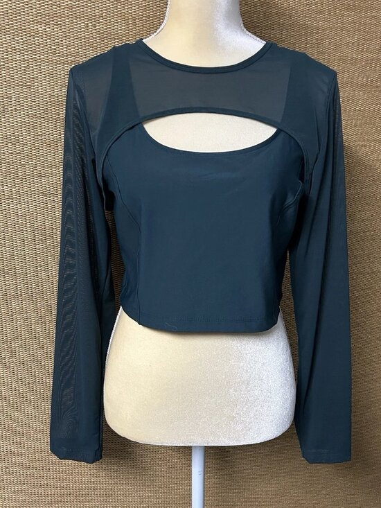 Old Navy Tops - Old Navy Active PowerSoft 2-in-1 Mesh-Sleeve Crop Top Womens Large Pine Green